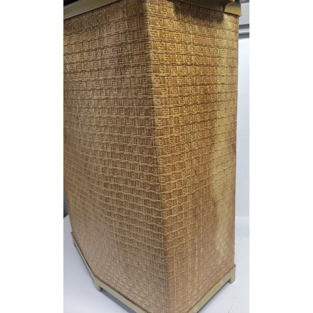 Vintage Mid Century Woven Wicker Style Laundry Hamper Harvest Gold Vinyl Lid